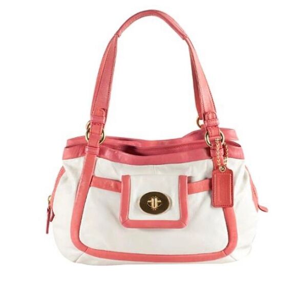 New in box, coach, cricket, leather, white, and coral satchel bag ￼A099813601 - Picture 1 of 14